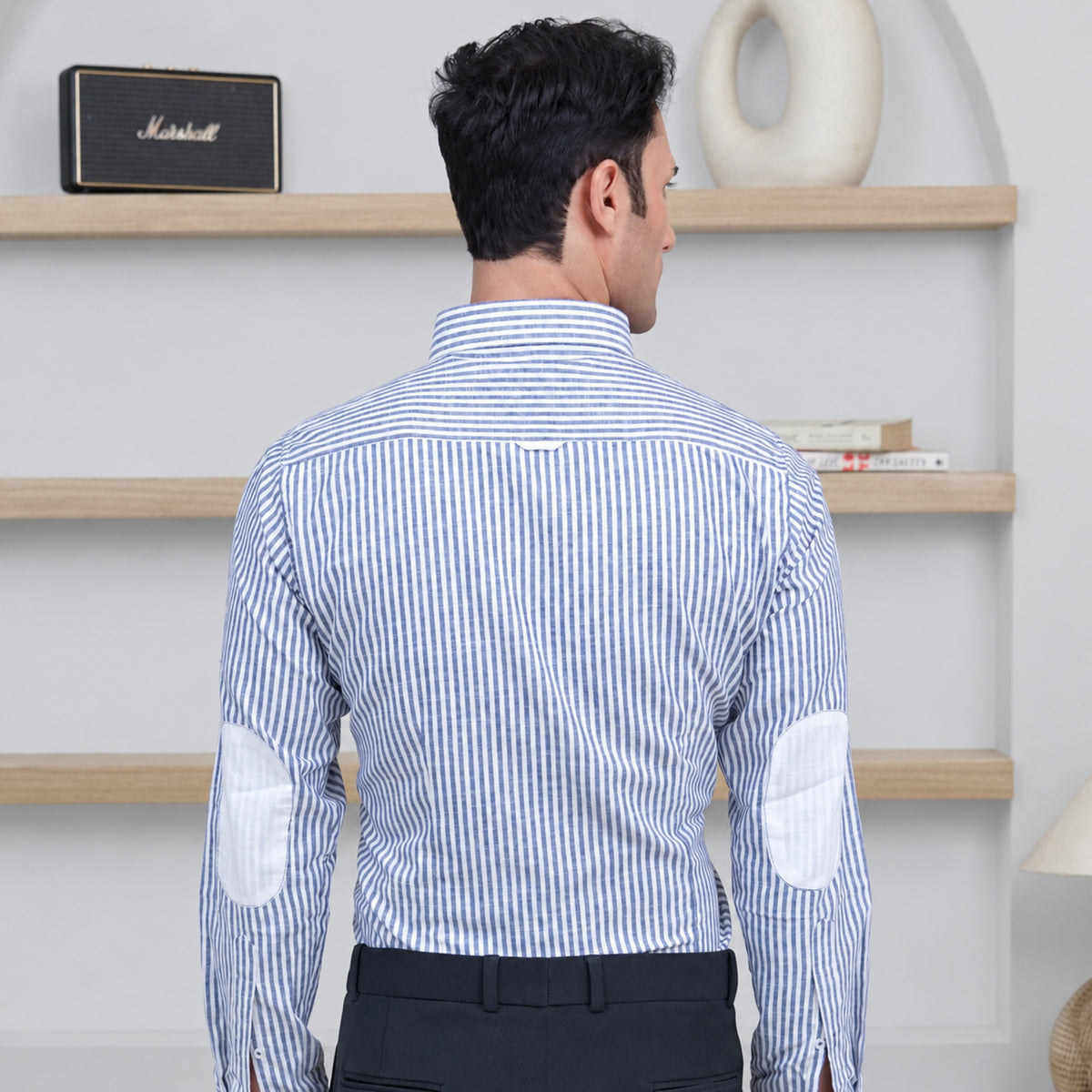 Blue Striped Linen Shirt for Men – White Contrast Button-Down Collar
