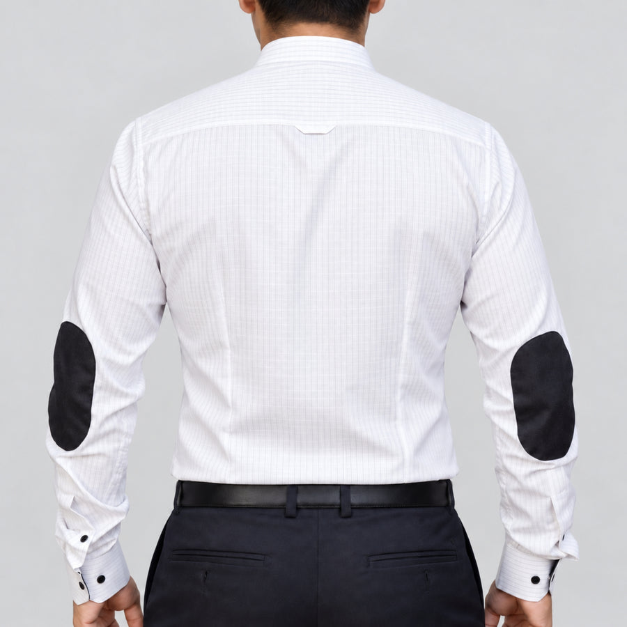 White Pinstripe Linen Blend Shirt for Men – Mandarin Collar & Black Contrast Details