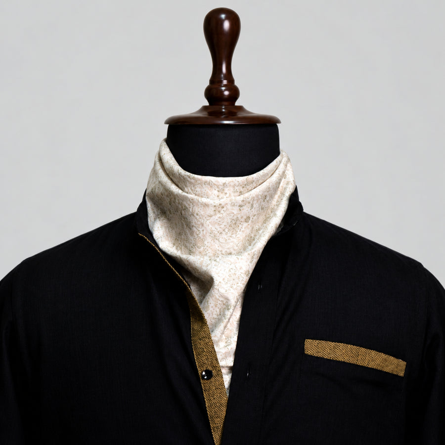 Black Solid Linen Blend Shirt for Men – Mandarin Collar & Brown Contrast Details