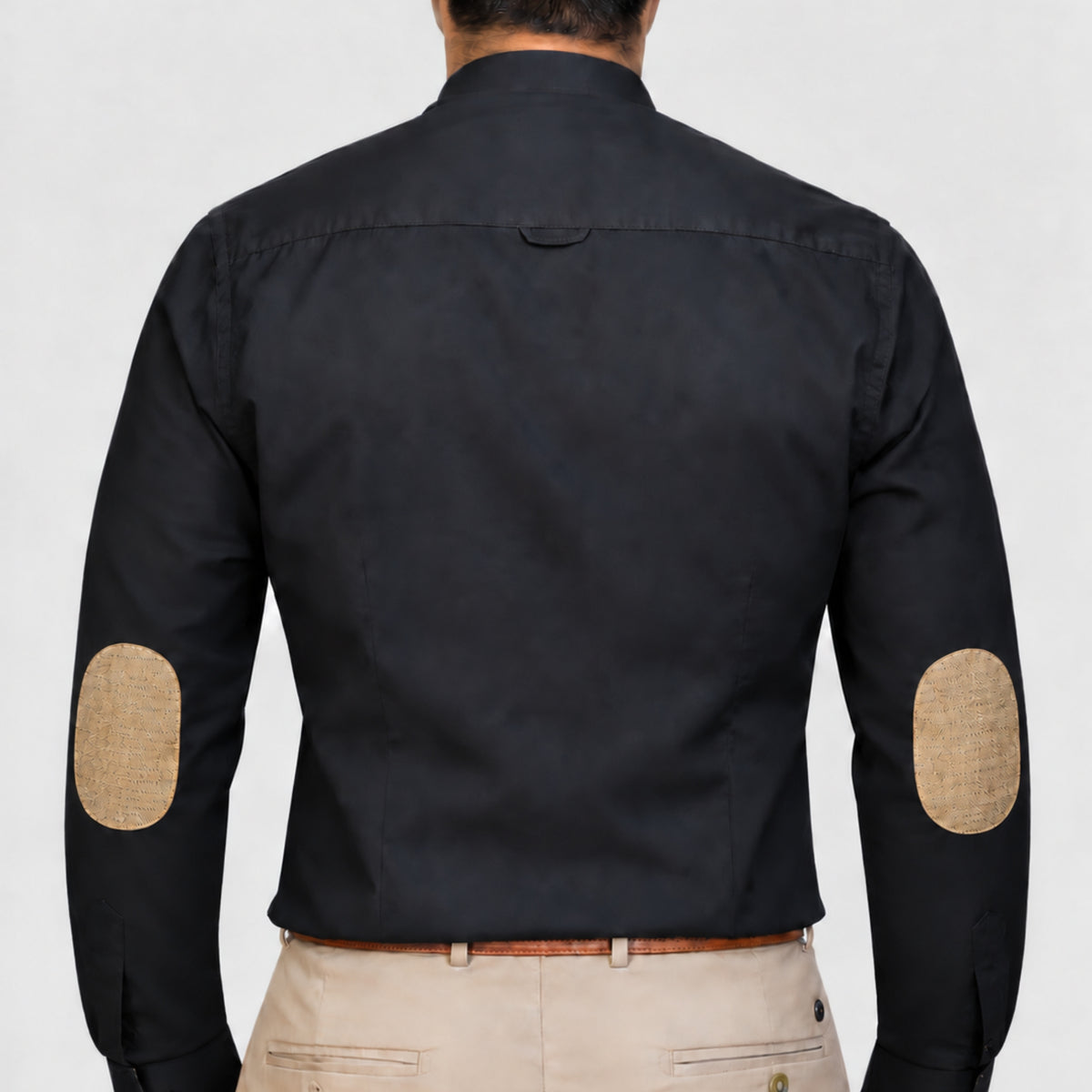 Black Linen Shirt for Men – Mandarin Collar & Brown Contrast Details
