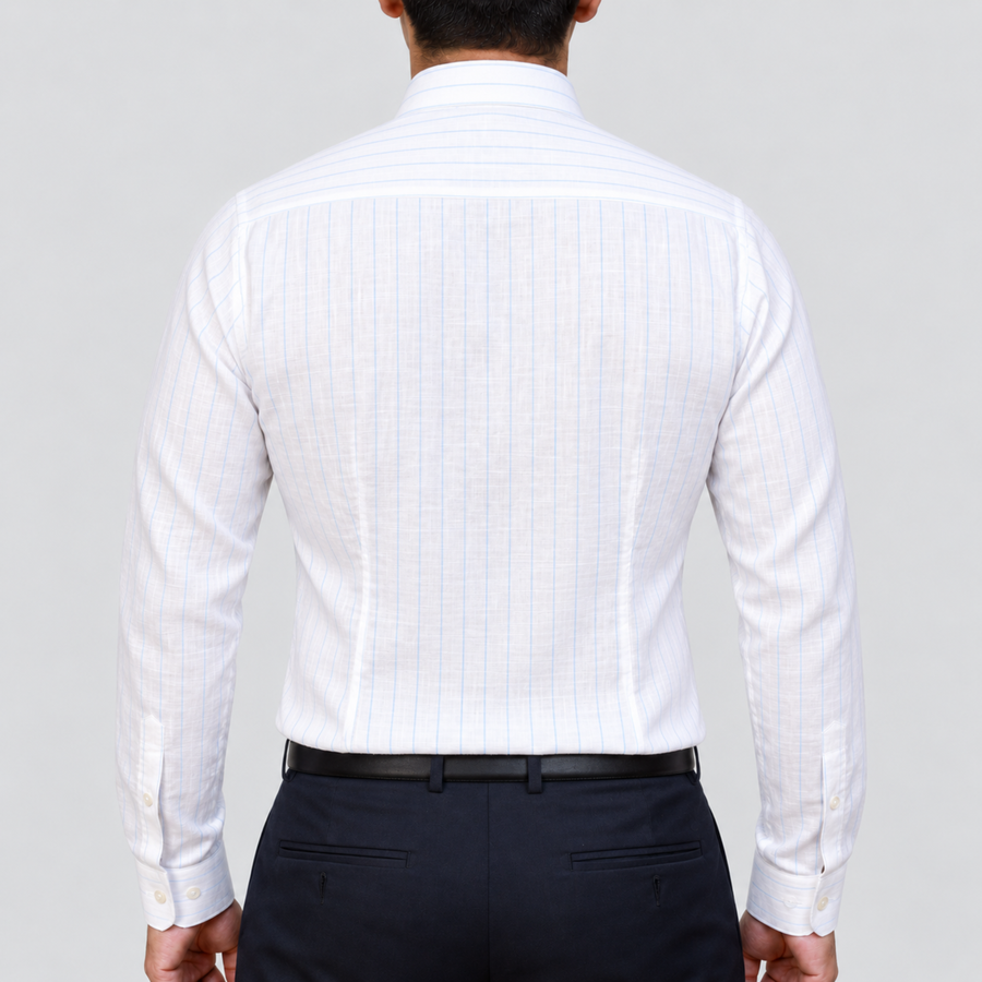 Black Chalk Stripe Linen Blend Formal Shirt for Men – Concealed Button-Down Collar & Single Barrel Cuffs
