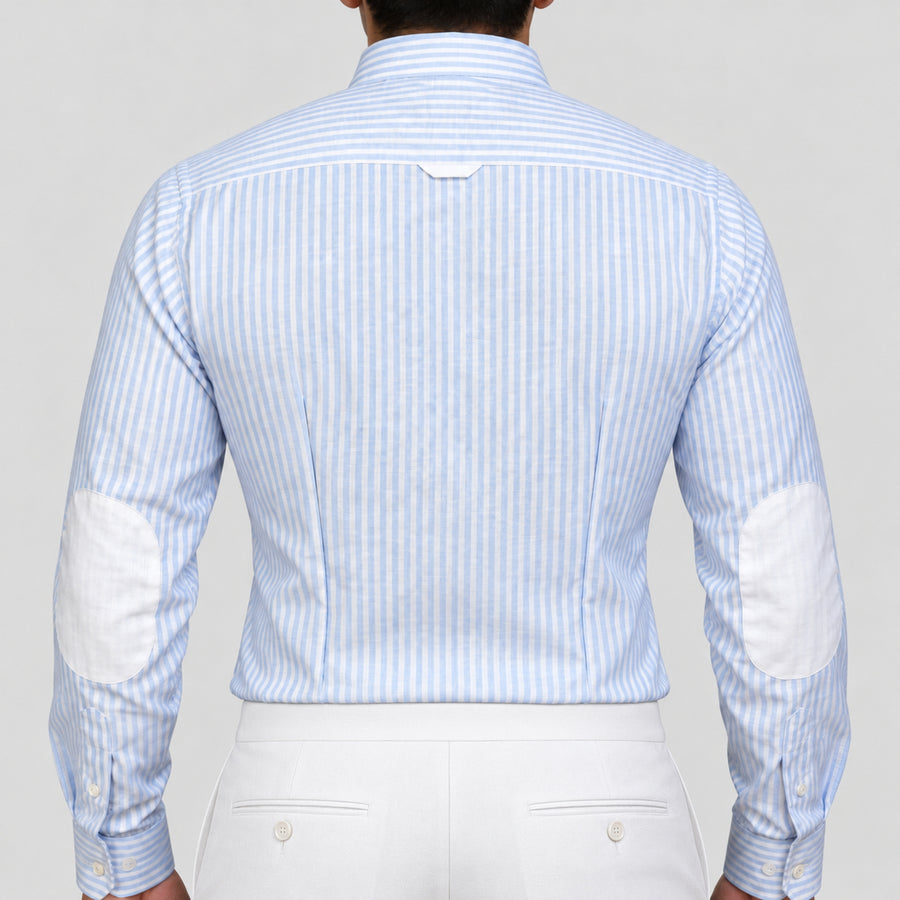 Light Blue Stripe Linen Blend Shirt for Men – White Contrast Button-Down Collar