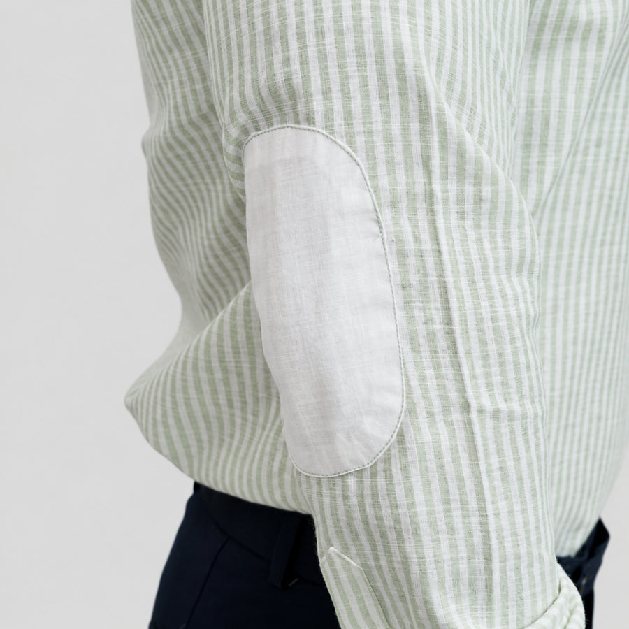 Light Green Stripe Linen Blend Shirt for Men – White Contrast Button-Down Collar