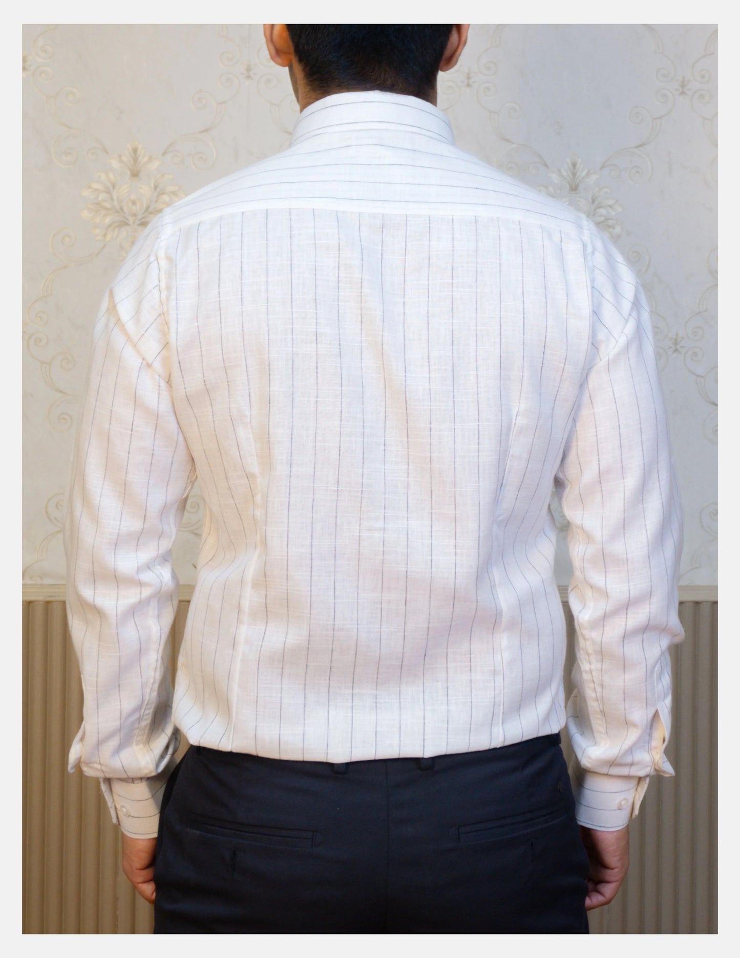 Black Chalk Stripe Linen Shirt for Men – Button-Down Collar & Chest Pocket | Dignity | Back View