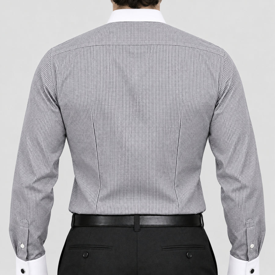 Black & White Micro-Check Banker's Shirt for Men – White Contrast Collar & French Cuffs, Cotton Blend