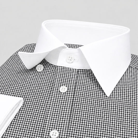 Black Check Formal Shirt for Men – White Contrast Collar & French Cuffs