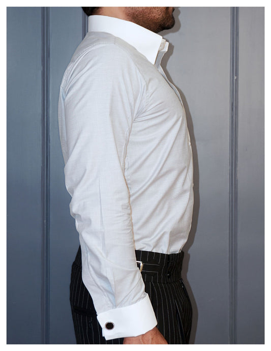 Light Grey Formal Shirt in Cotton Filafil with contrast white collar and french cuffs | Dignity | Side View