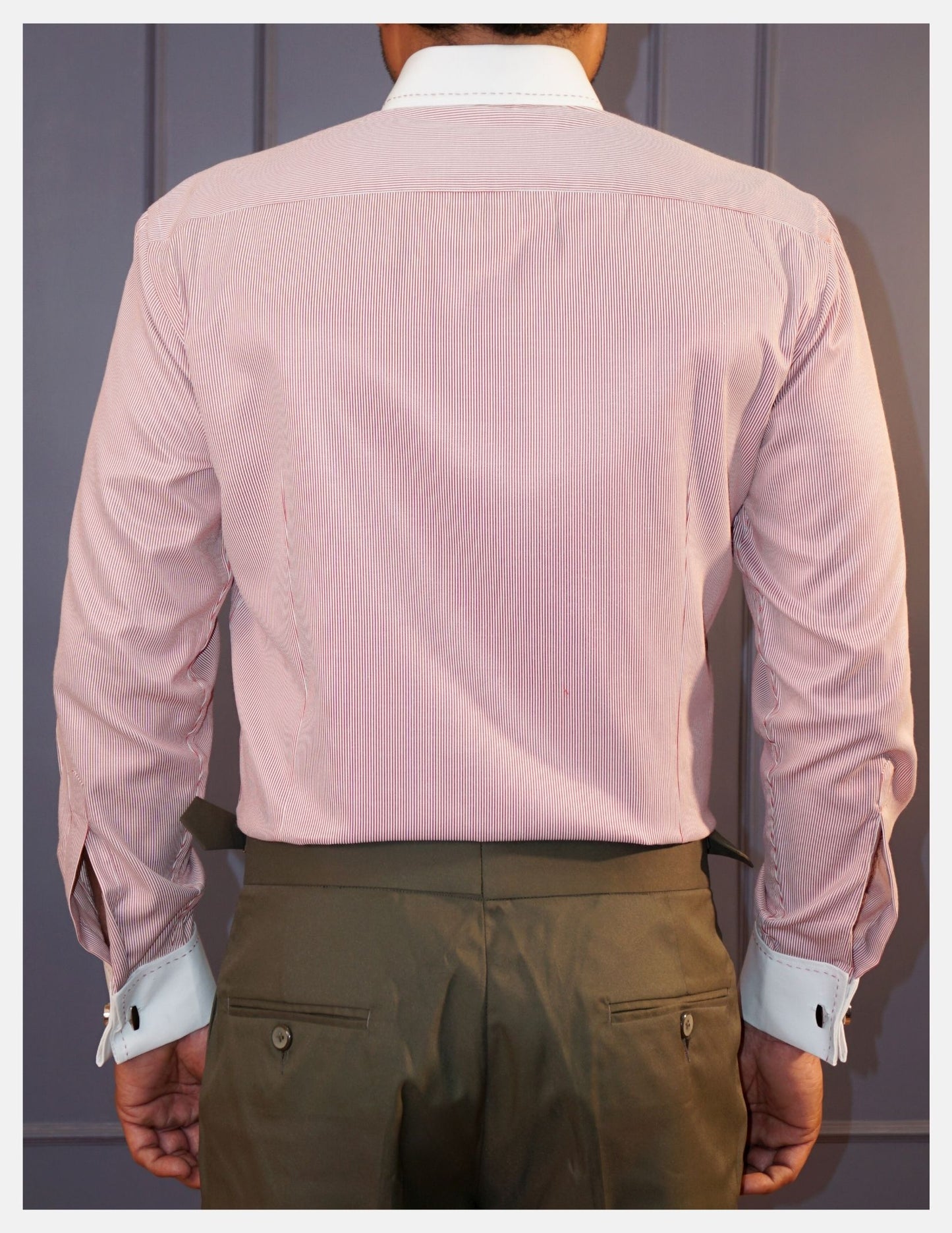 Red Hairline Stripe Formal Shirt for Men – White Contrast Collar & French Cuffs | Dignity | Back View