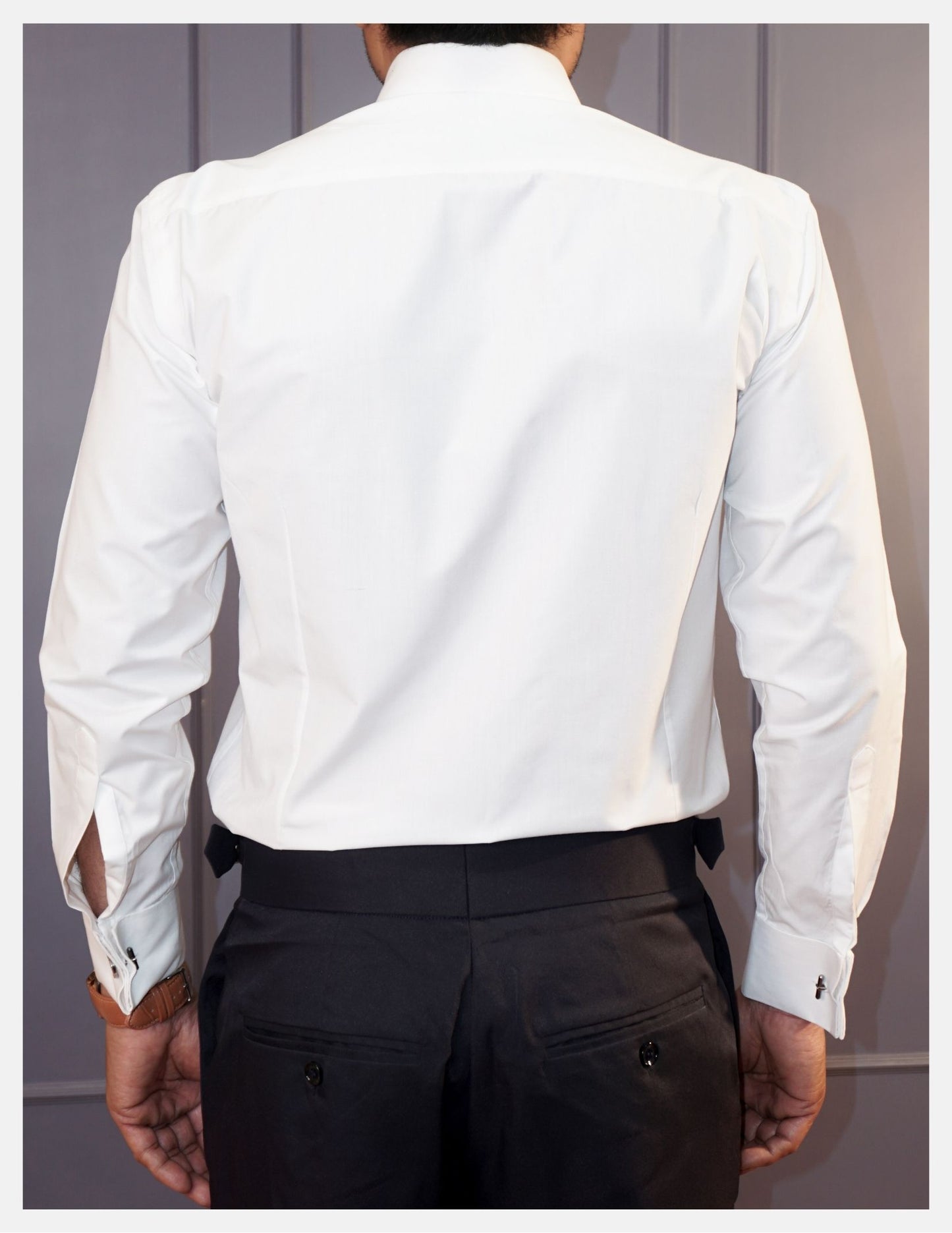 White Giza Cotton Formal Shirt for Men – French Cuffs | Dignity | Back View