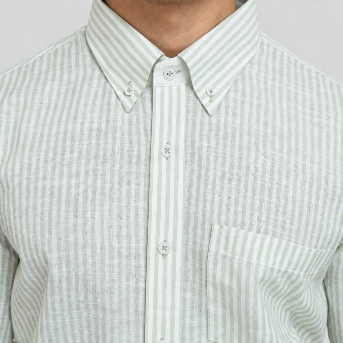 Light Green Stripe Linen Blend Shirt for Men – White Contrast Button-Down Collar