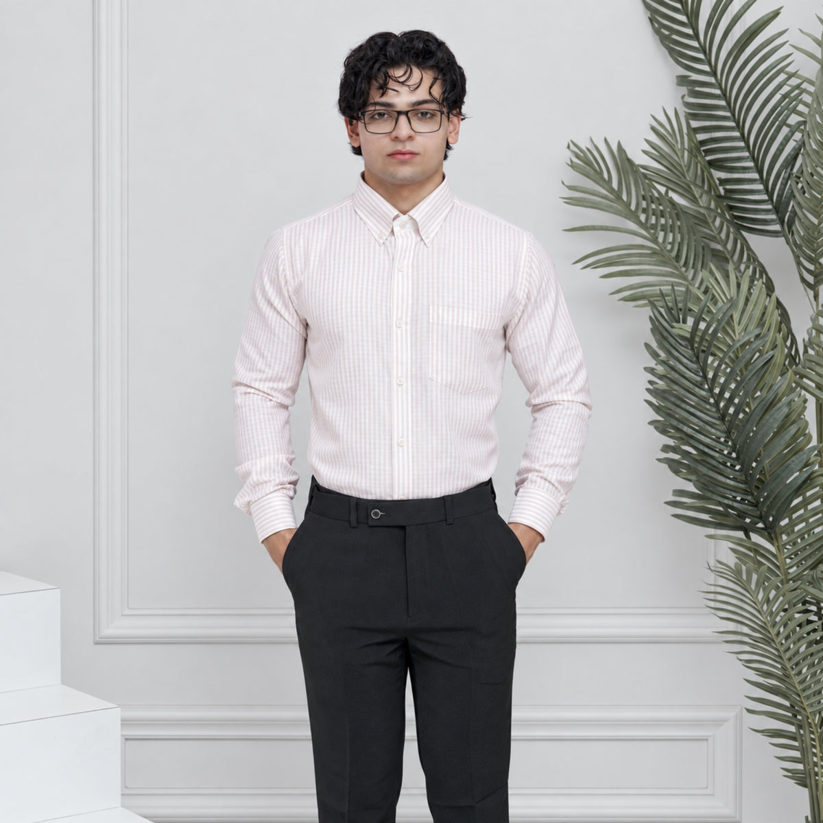 Pink Stripe Linen Blend Shirt for Men – White Contrast Button-Down Collar