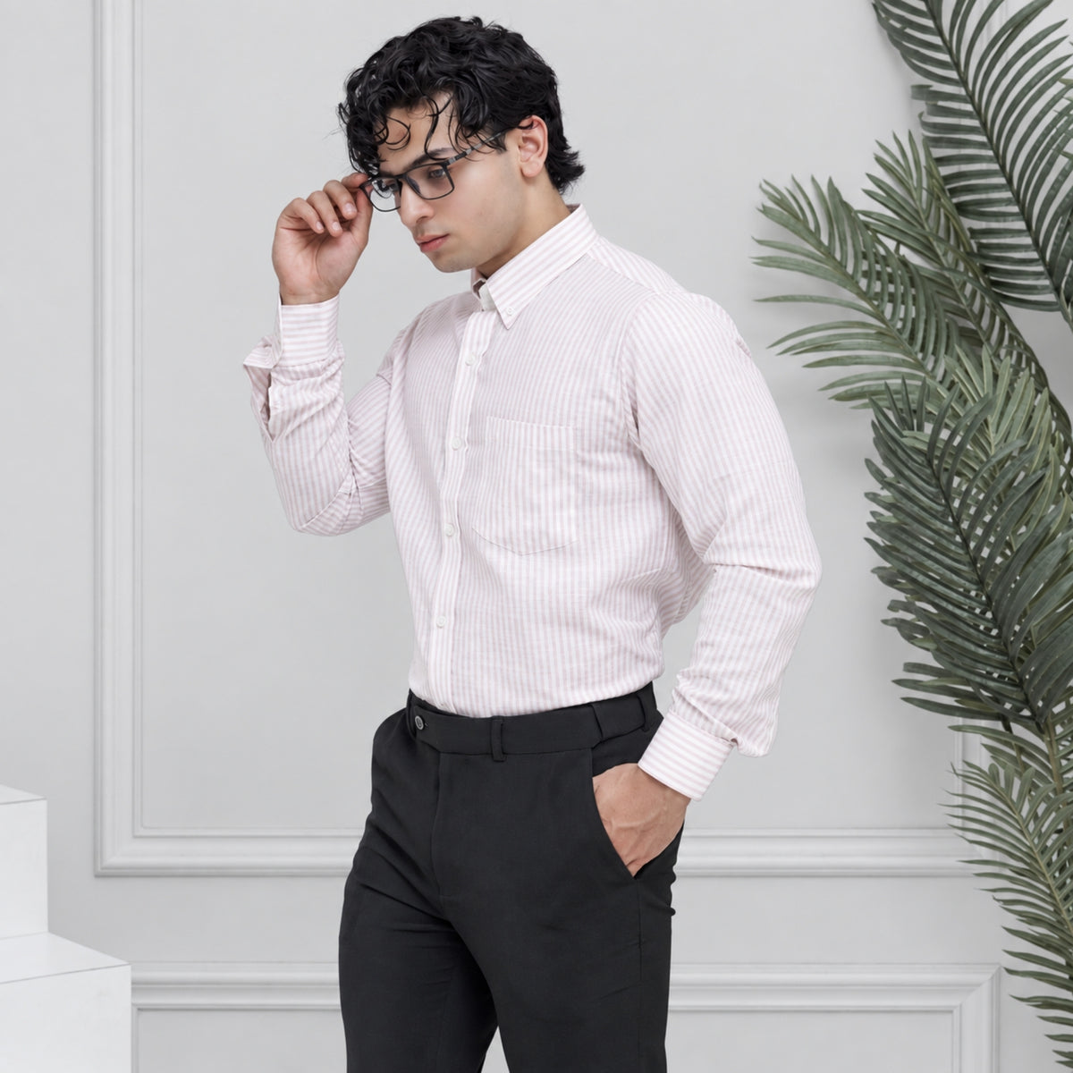 Pink Striped Linen Shirt for Men – White Contrast Button-Down Collar