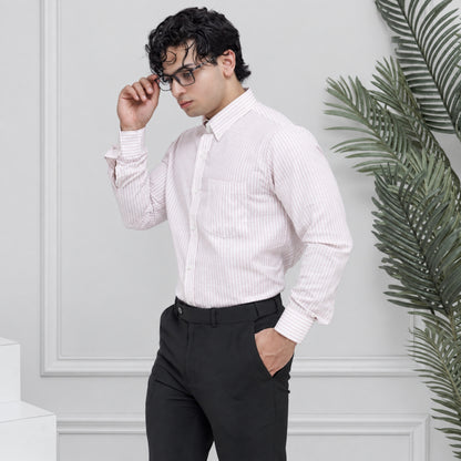 Pink Striped Linen Shirt for Men – White Contrast Button-Down Collar