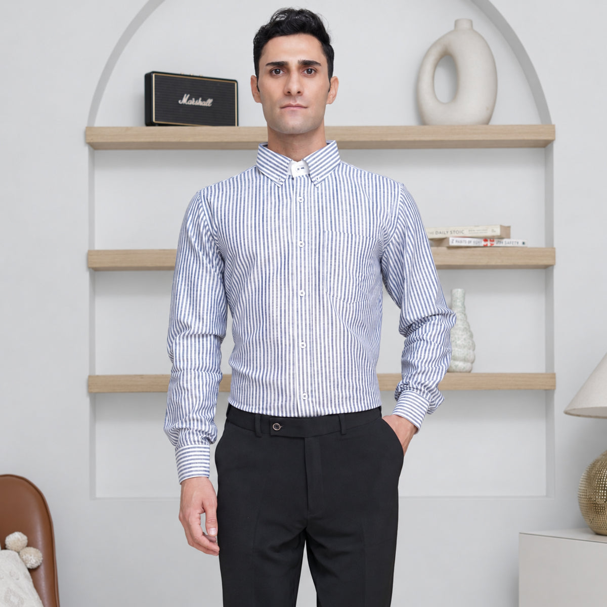 Blue Stripe Linen Blend Shirt for Men – White Contrast Button-Down Collar
