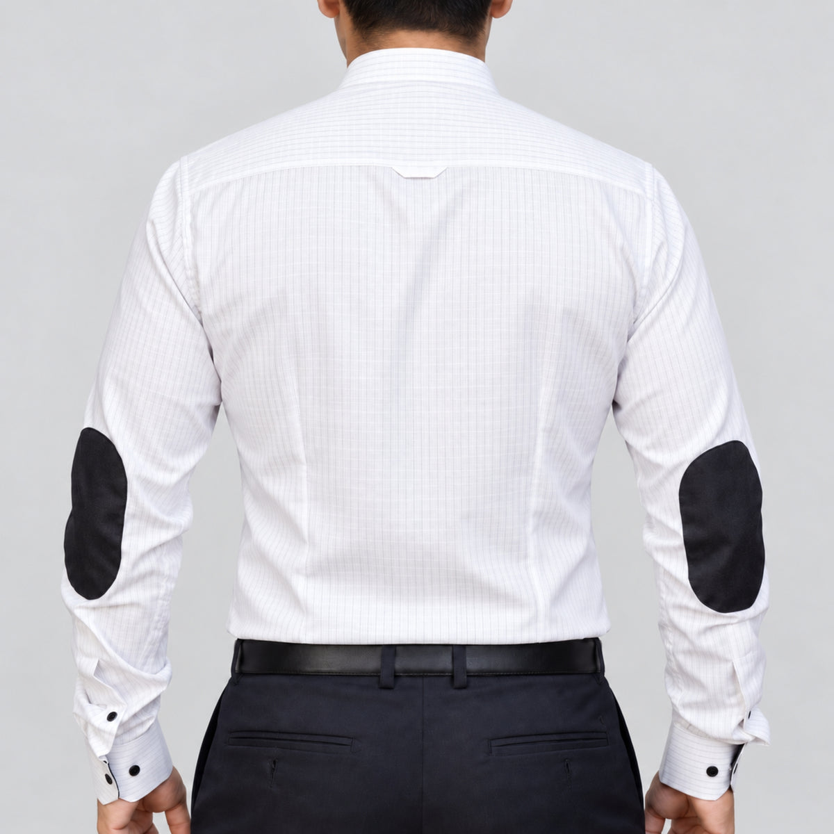 White Pinstripe Linen Shirt for Men – Mandarin Collar & Black Contrast Details