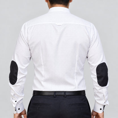 White Pinstripe Linen Shirt for Men – Mandarin Collar & Black Contrast Details
