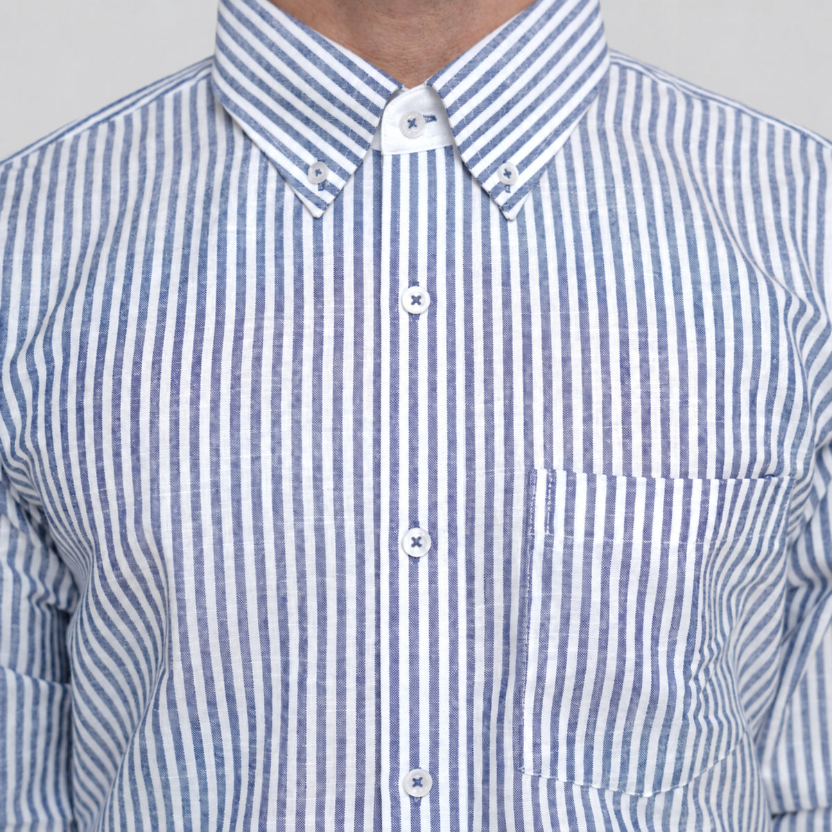Blue Stripe Linen Blend Shirt for Men – White Contrast Button-Down Collar