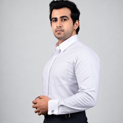 Light Grey Premium Luxury Cotton Oxford Formal Shirt for Men – White Contrast Collar & French Cuffs