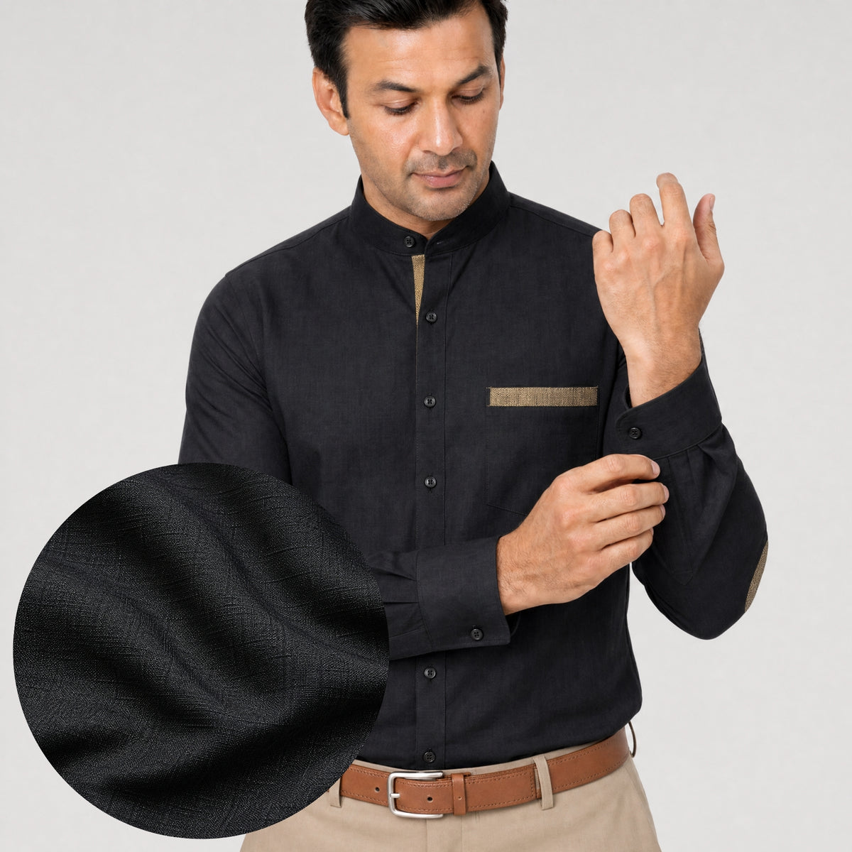 Black Linen Shirt for Men – Mandarin Collar & Brown Contrast Details