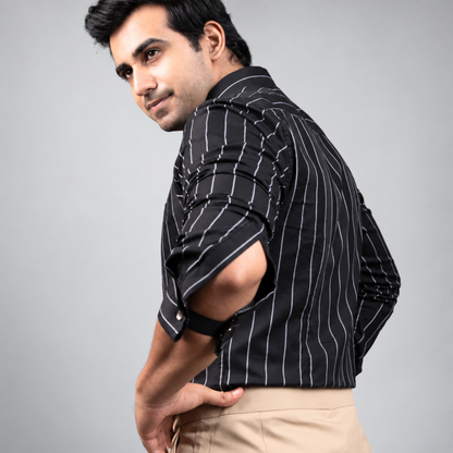 White-on-Black Stripe Egyptian Giza Cotton Formal Shirt for Men – Twill Weave & French Cuffs