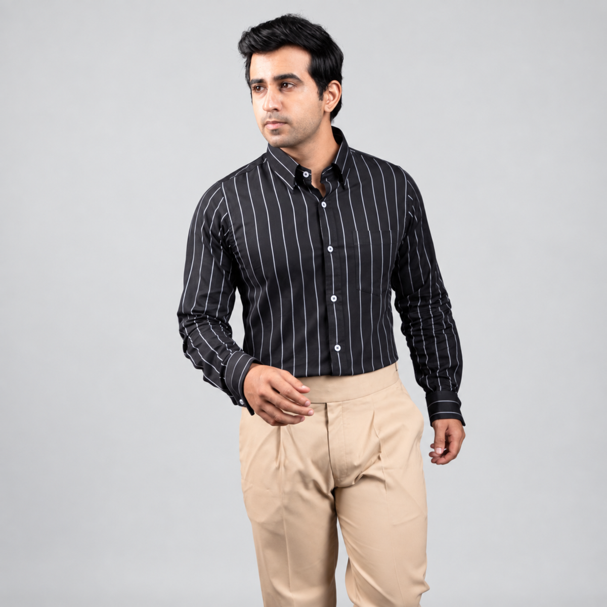 White-on-Black Stripe Egyptian Giza Cotton Formal Shirt for Men – Twill Weave & French Cuffs