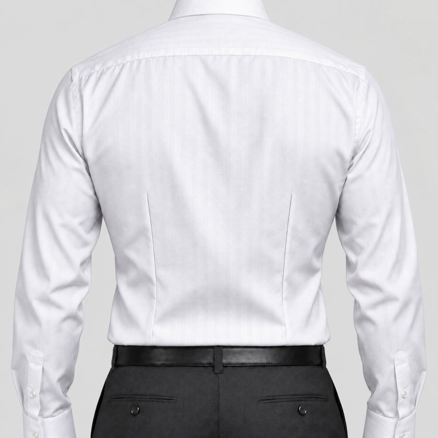 White Herringbone Cotton Blend Formal Shirt for Men – Concealed Button-Down Collar & Single Barrel Cuffs