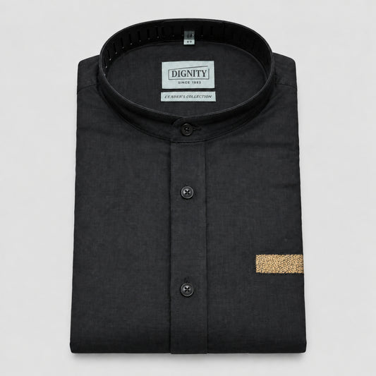 Black Linen Shirt for Men – Mandarin Collar & Brown Contrast Details