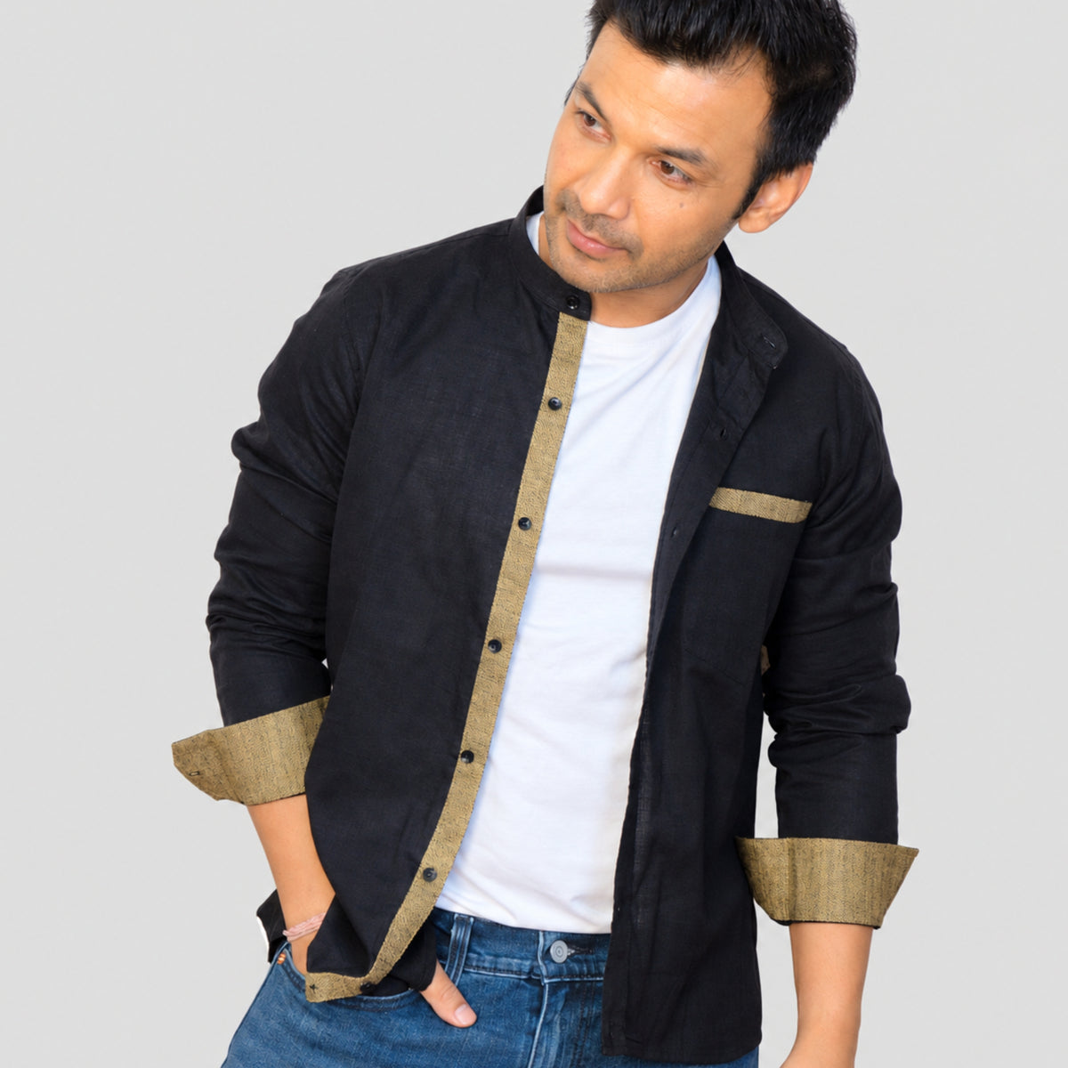 Black Solid Linen Blend Shirt for Men – Mandarin Collar & Brown Contrast Details