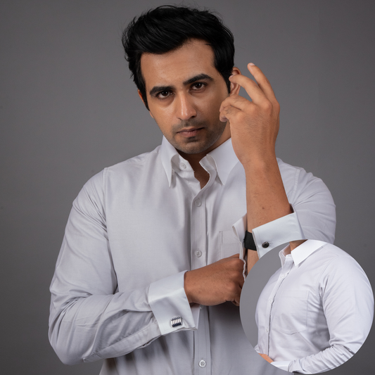 Light Grey Premium Luxury Cotton Oxford Formal Shirt for Men – White Contrast Collar & French Cuffs