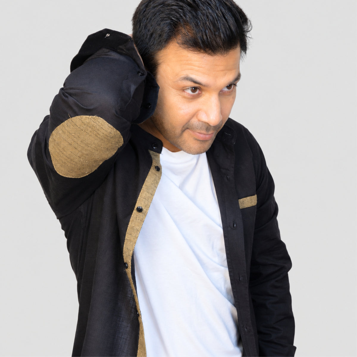 Black Solid Linen Blend Shirt for Men – Mandarin Collar & Brown Contrast Details