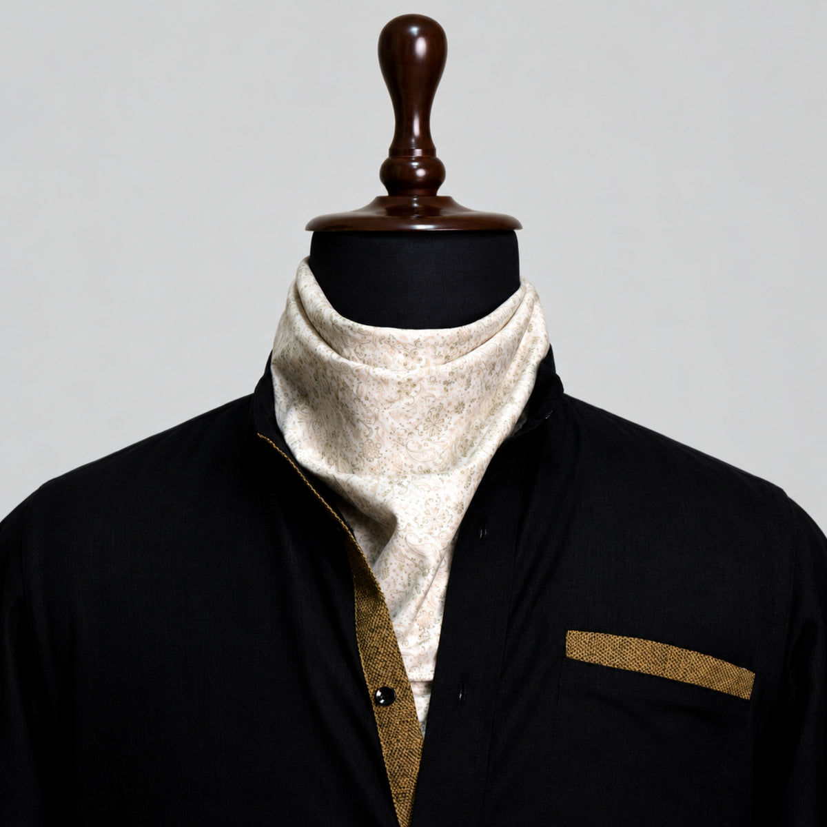 Black Solid Linen Blend Shirt for Men – Mandarin Collar & Brown Contrast Details