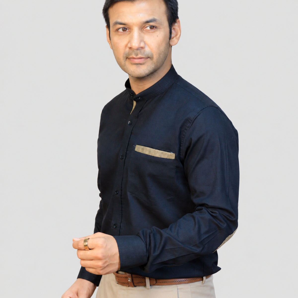 Black Solid Linen Blend Shirt for Men – Mandarin Collar & Brown Contrast Details