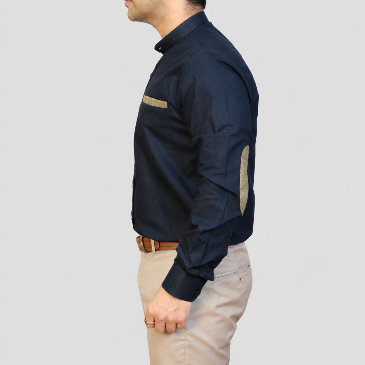 Black Solid Linen Blend Shirt for Men – Mandarin Collar & Brown Contrast Details