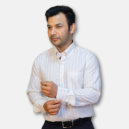Black Chalk Stripe Linen Shirt for Men – Button-Down Collar & Chest Pocket