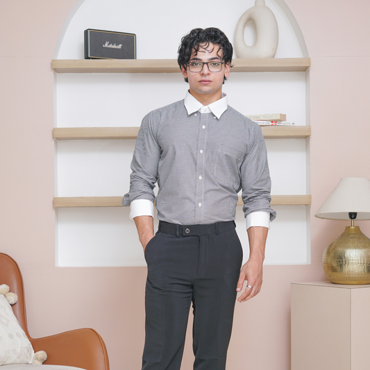 Black & White Micro-Check French Cuff Formal Shirt with White Contrast Collar
