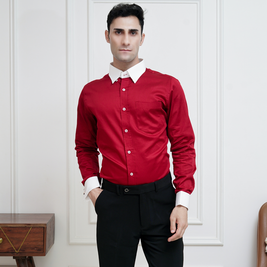 Maroon Cotton Satin Formal Shirt for Men – White Contrast Collar & French Cuffs
