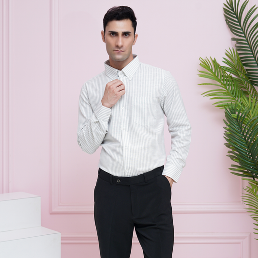 Grey Striped Linen Shirt for Men – White Contrast Button-Down Collar