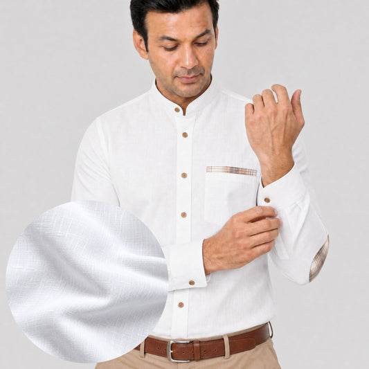 White Linen Shirt for Men – Mandarin Collar & Brown Check Contrast Details
