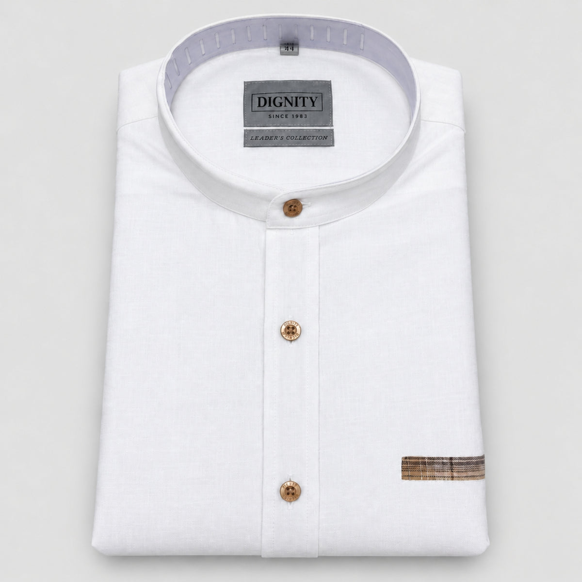 White Solid Linen Blend Shirt for Men – Mandarin Collar & Brown Check Contrast Details