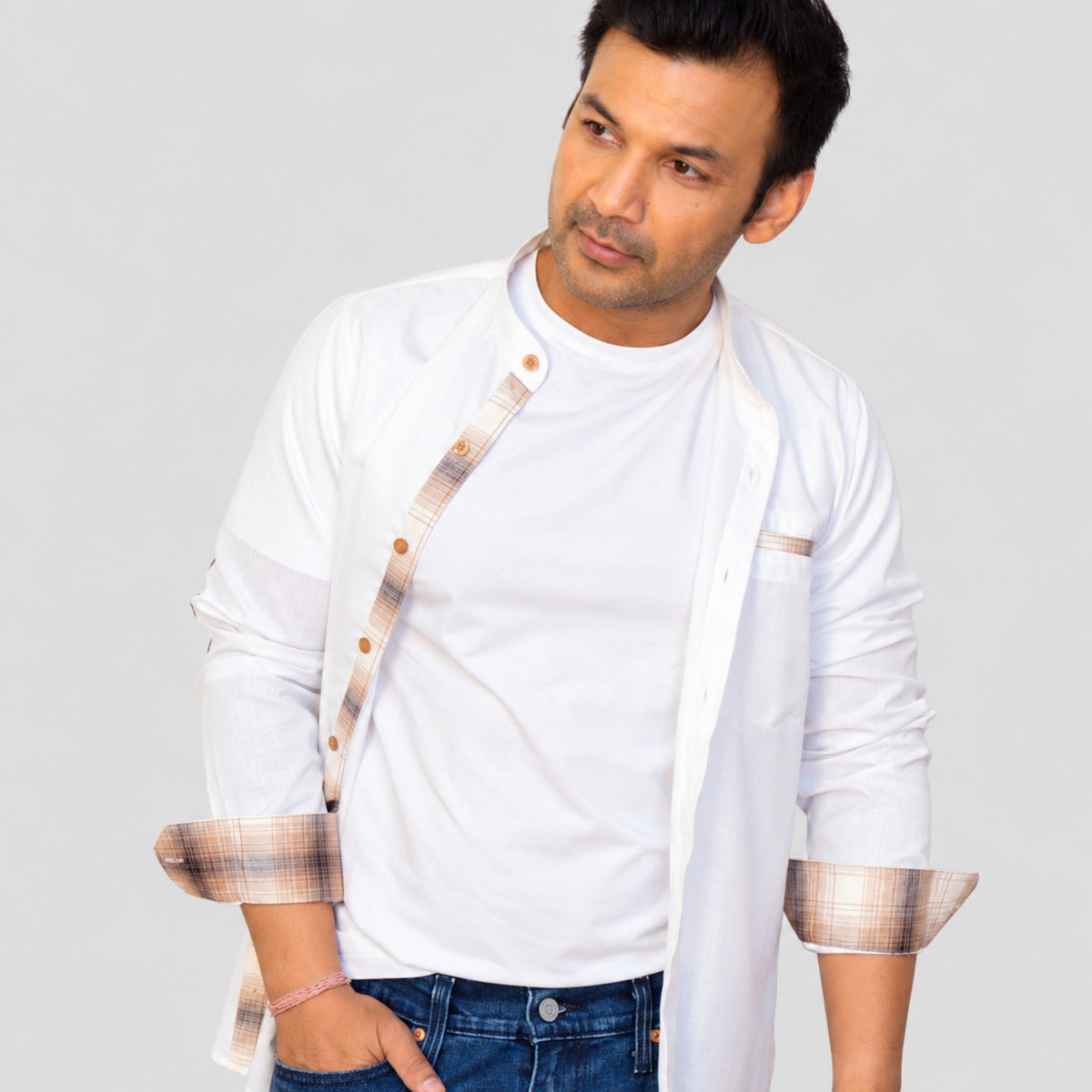 White Solid Linen Blend Shirt for Men – Mandarin Collar & Brown Check Contrast Details