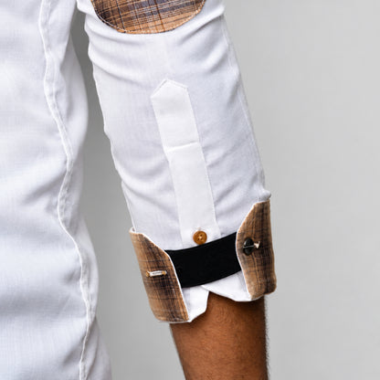 White Linen Shirt for Men – Mandarin Collar & Brown Check Contrast Details