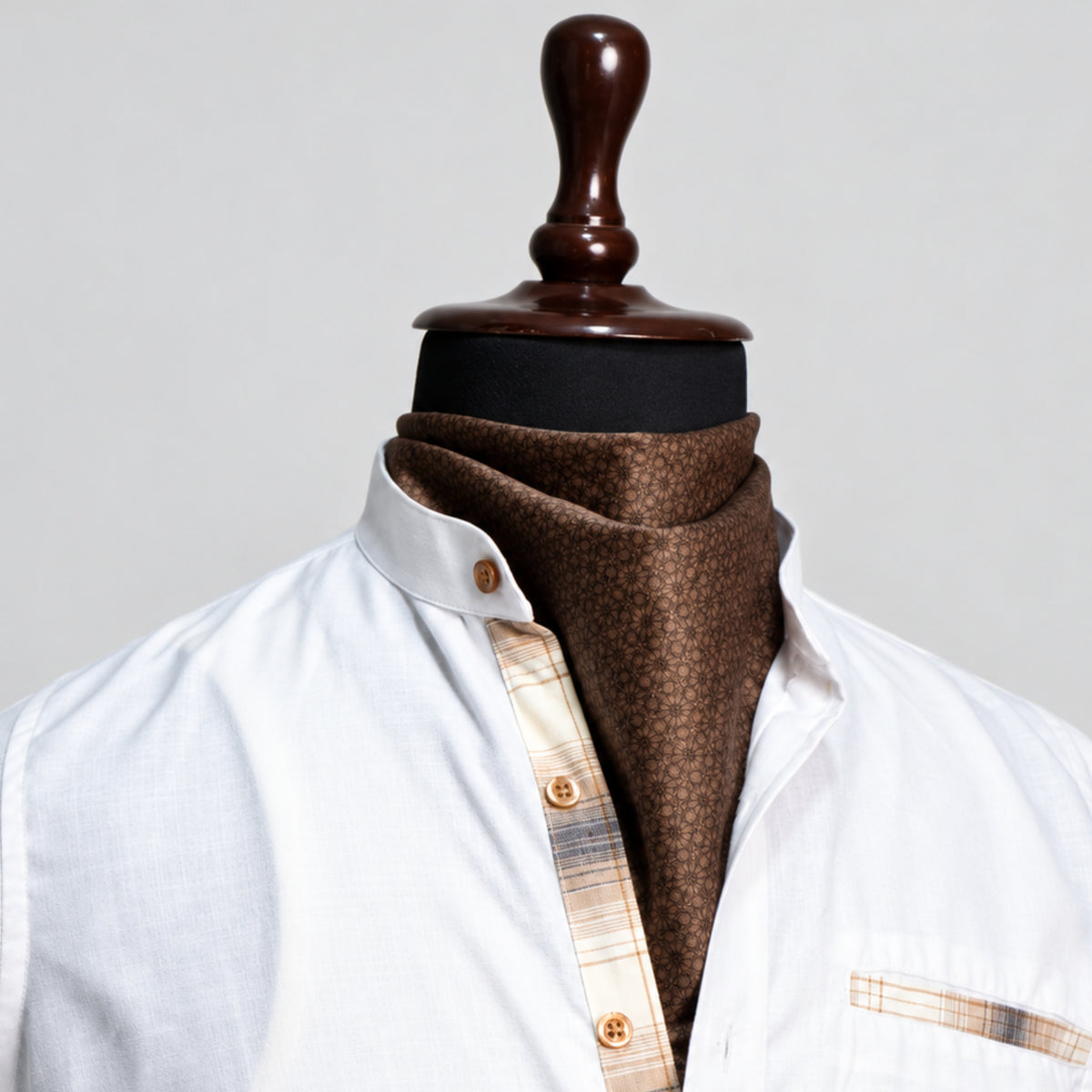 White Linen Shirt for Men – Mandarin Collar & Brown Check Contrast Details