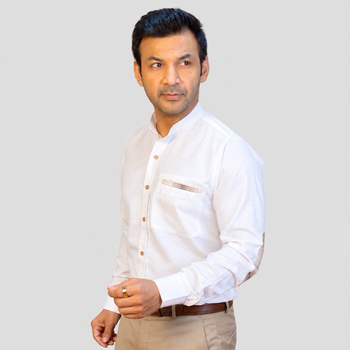White Linen Shirt for Men – Mandarin Collar & Brown Check Contrast Details