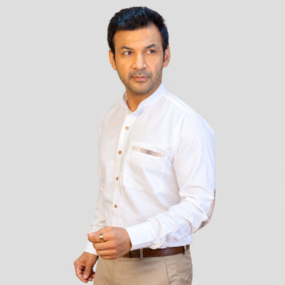 White Linen Shirt for Men – Mandarin Collar & Brown Check Contrast Details