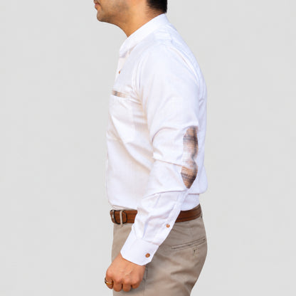White Linen Shirt for Men – Mandarin Collar & Brown Check Contrast Details