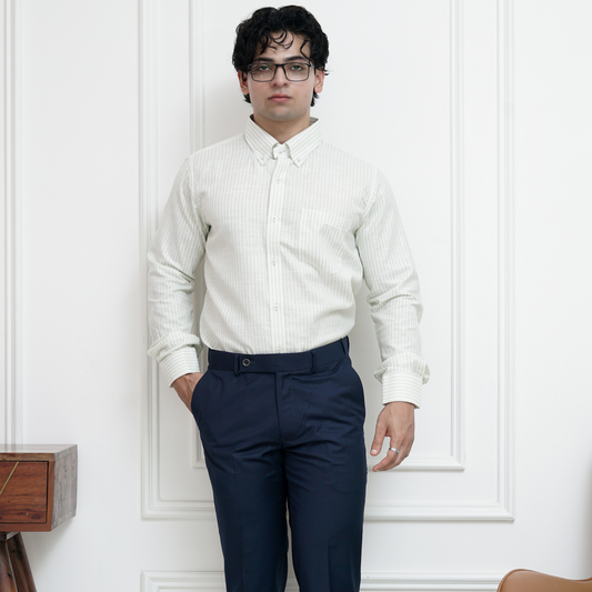 Light Green Striped Linen Shirt for Men – White Contrast Button-Down Collar