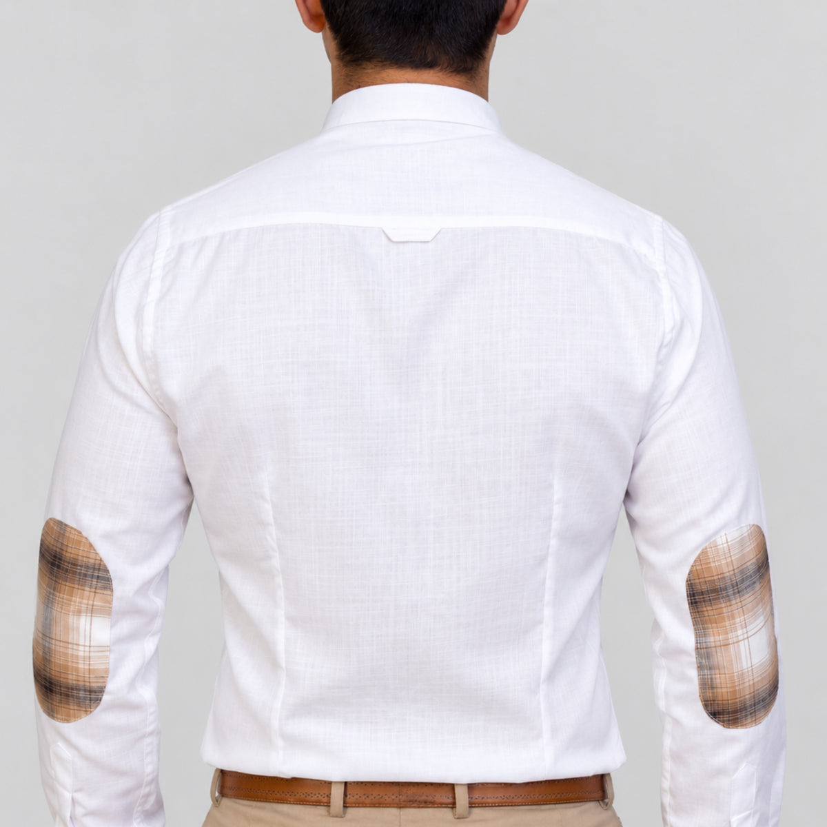 White Linen Shirt for Men – Mandarin Collar & Brown Check Contrast Details