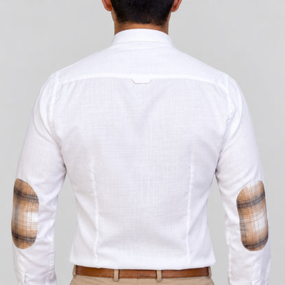 White Linen Shirt for Men – Mandarin Collar & Brown Check Contrast Details