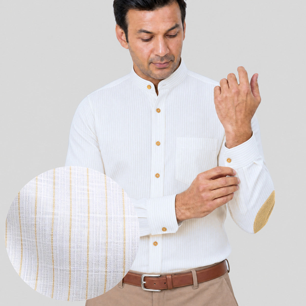 Off-White Pinstripe Linen Shirt for Men – Mandarin Collar & Beige-Gold Details