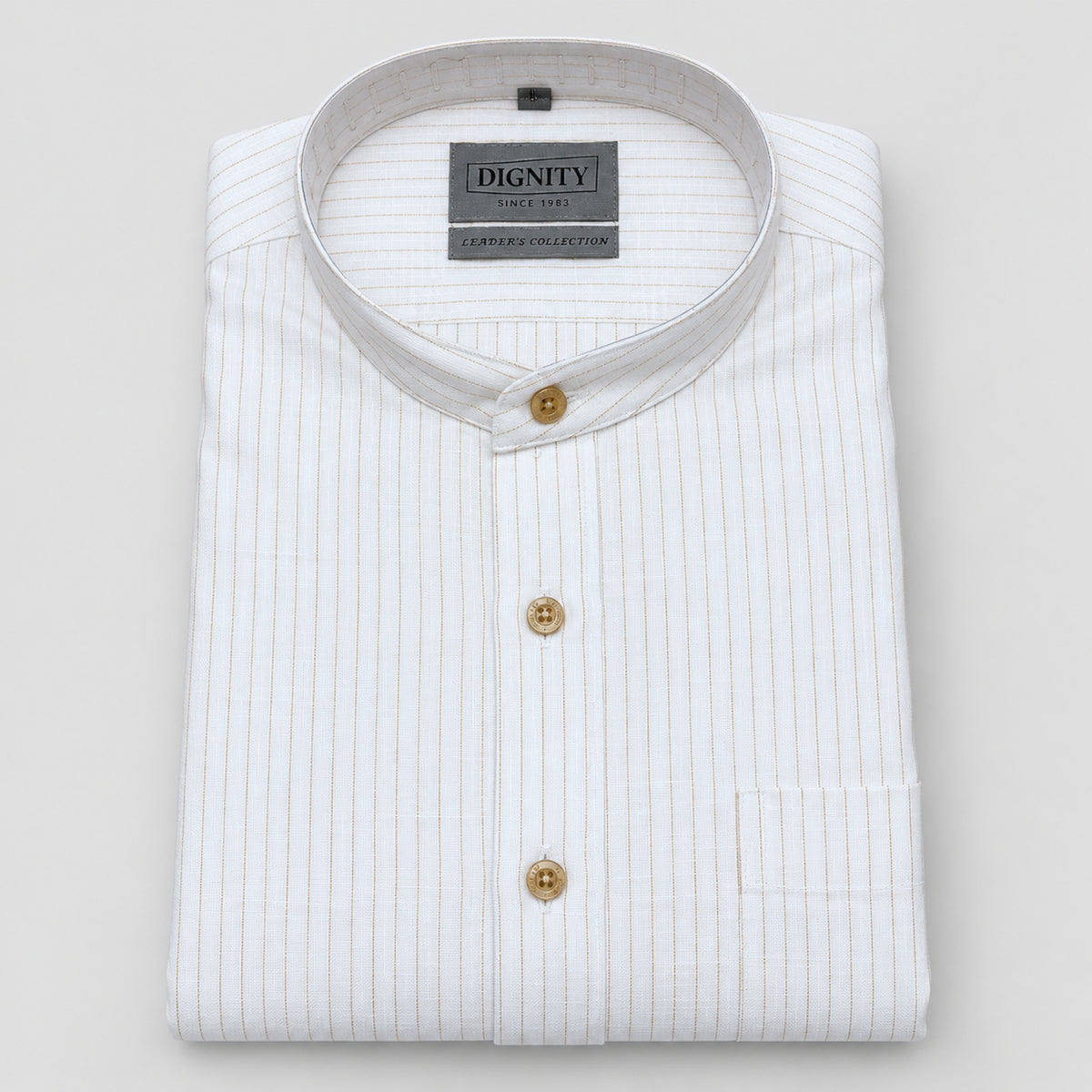 Off-White Pinstripe Linen Shirt for Men – Mandarin Collar & Beige-Gold Details